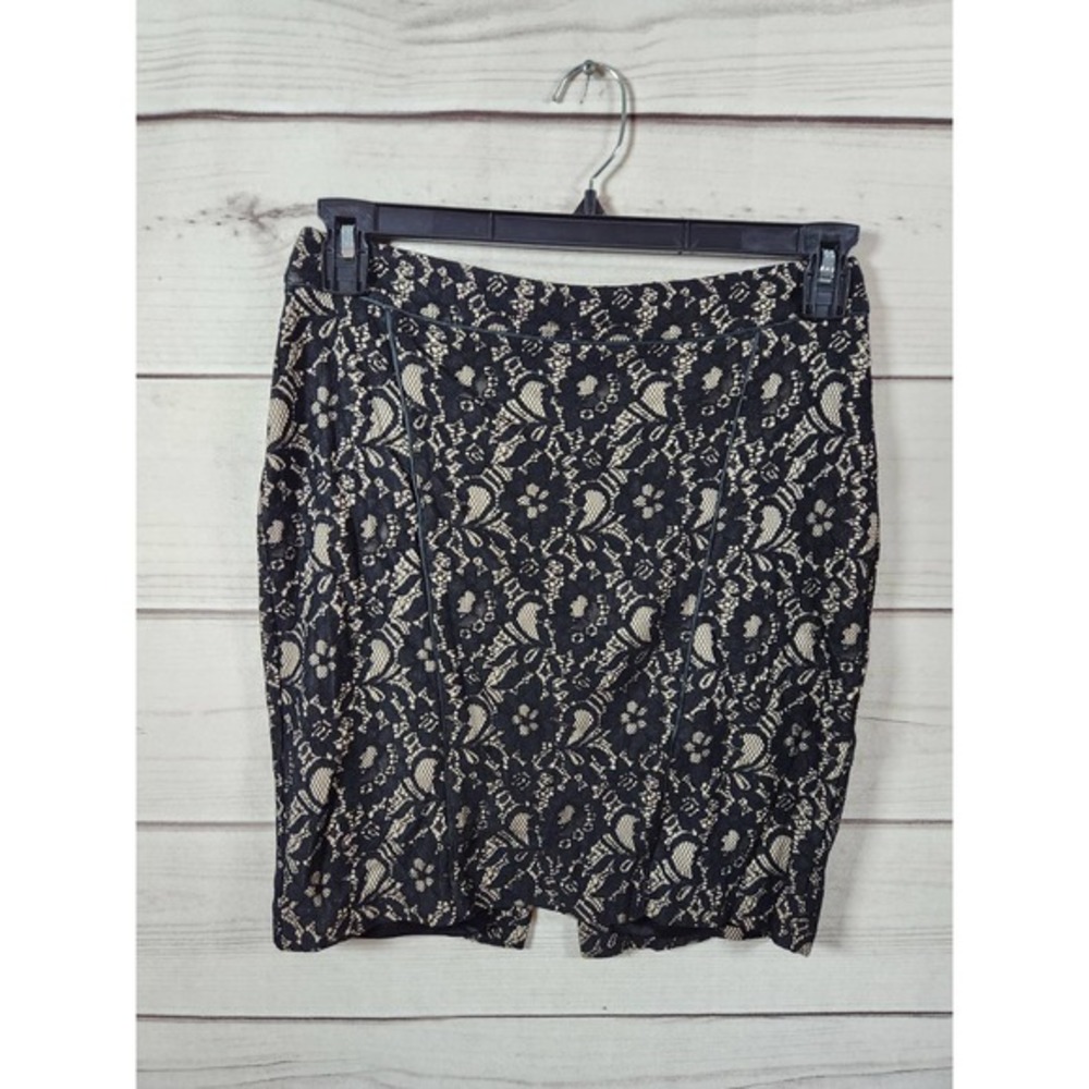 Express Womens Pencil Skirt Lace Overlay Floral Lined Slit Back Zip Black Size 6